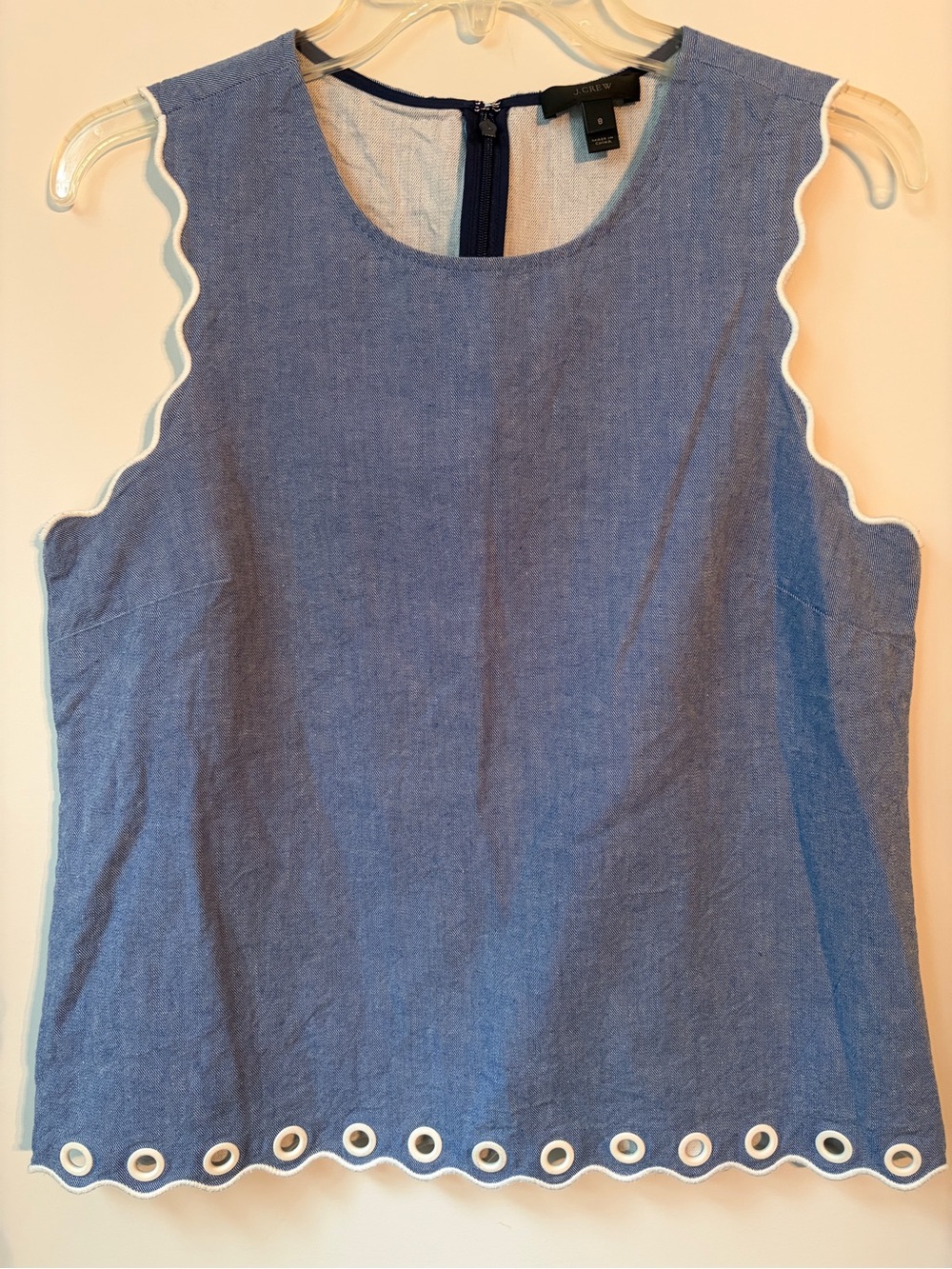 J. Crew Chambray Sleeveless Top with White Scalloped Trim and Grommets size 8